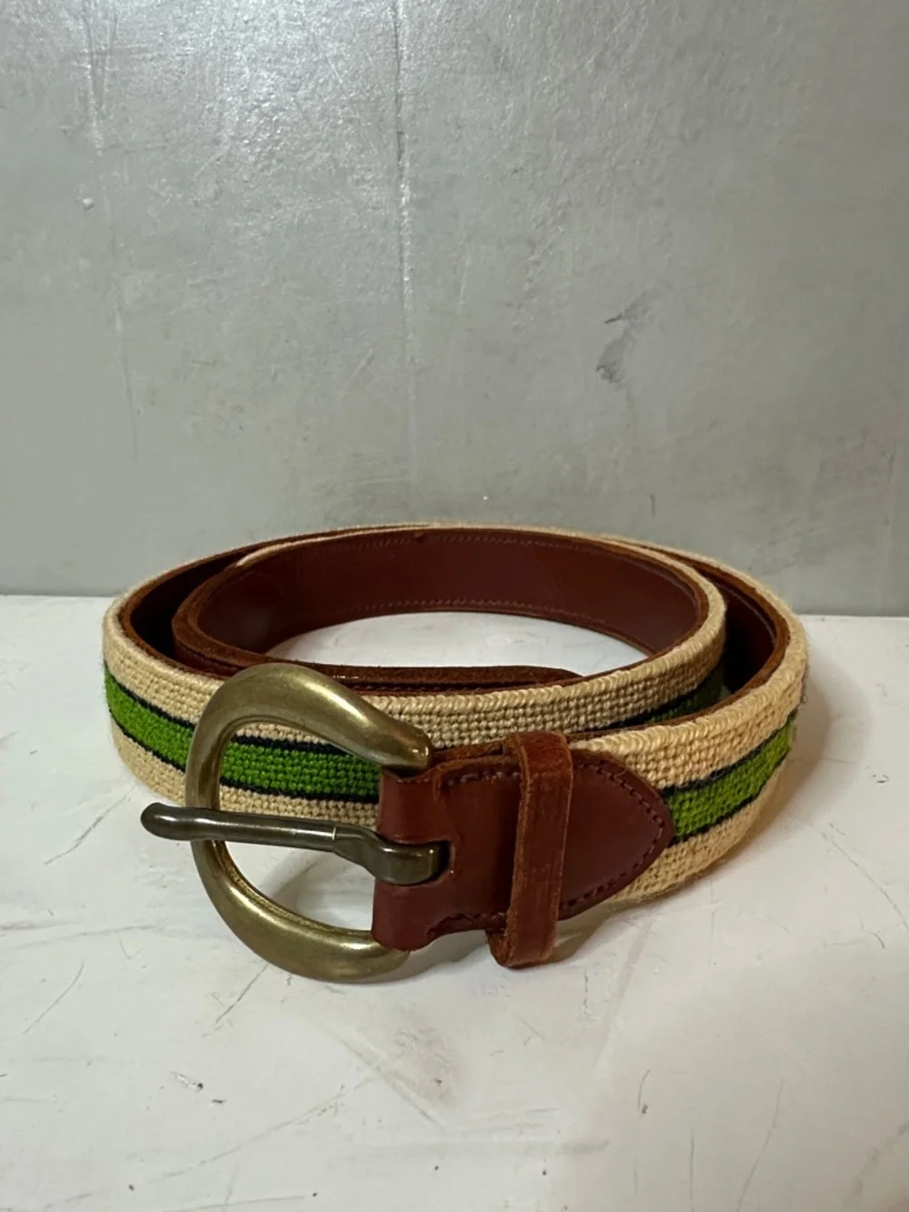 HANDMADE NEEDLEPOINT LEATHER BELT INTIALS DPS GREEN BLUE